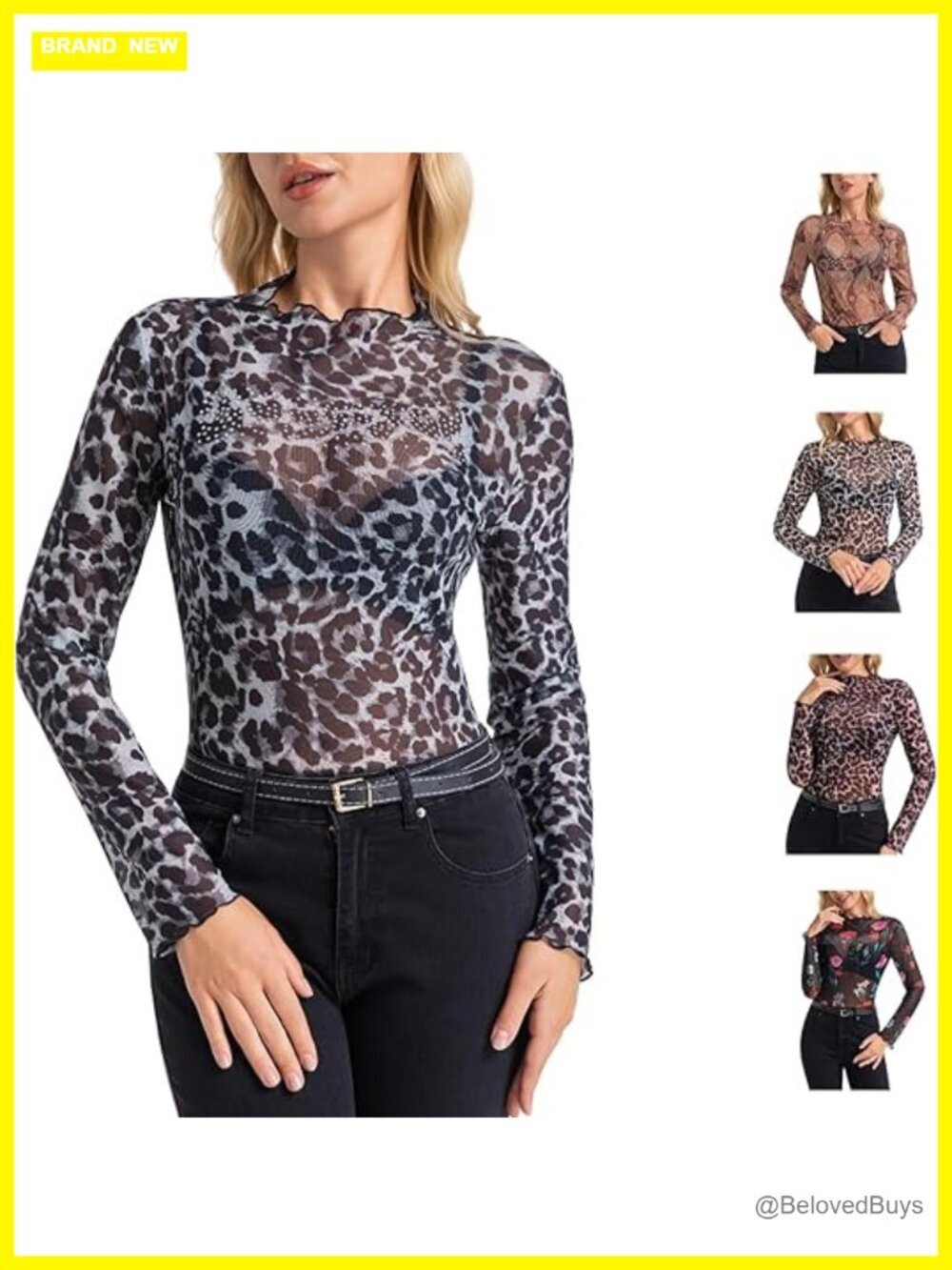 Leopard Print Rhinestone Blouse Long Sleeve Mesh Top Sparkly